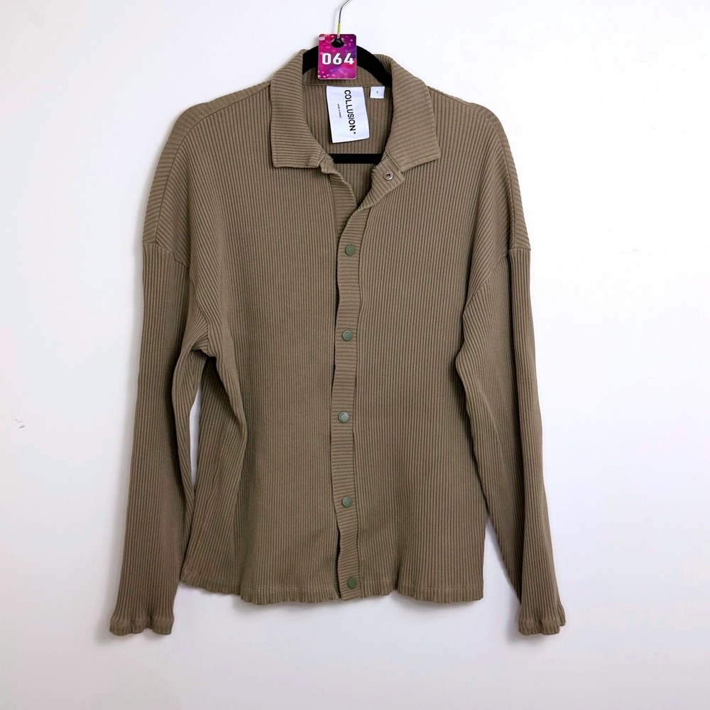 COLLUSION Ribbed‎ Button Front Long Sleeve Shirt Top Khaki Size M